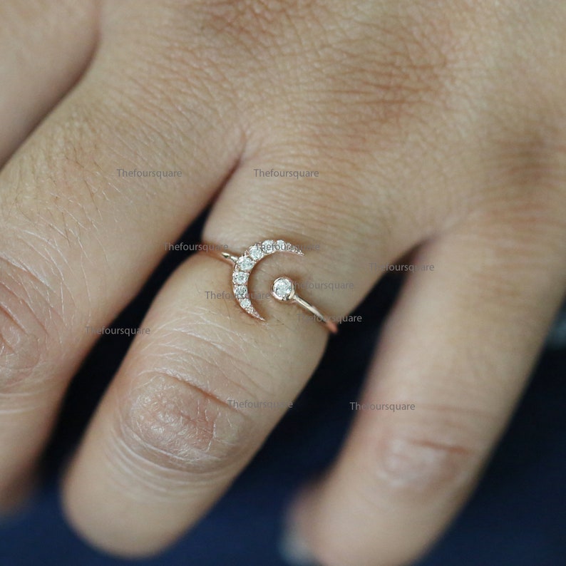 Cluster Ring Rose Gold Ring Fine Jewelry For Women 14k Gold Open Half Moon Dainty Ring Diamond Studded Crescent Moon Cuff Ring