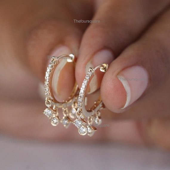 Ct Natural Diamonds Drop Hoops Solid 14k Yellow Gold Dangling  Earring Handmade Minimalist Jewelry Best Gift for her Fine Jewelry