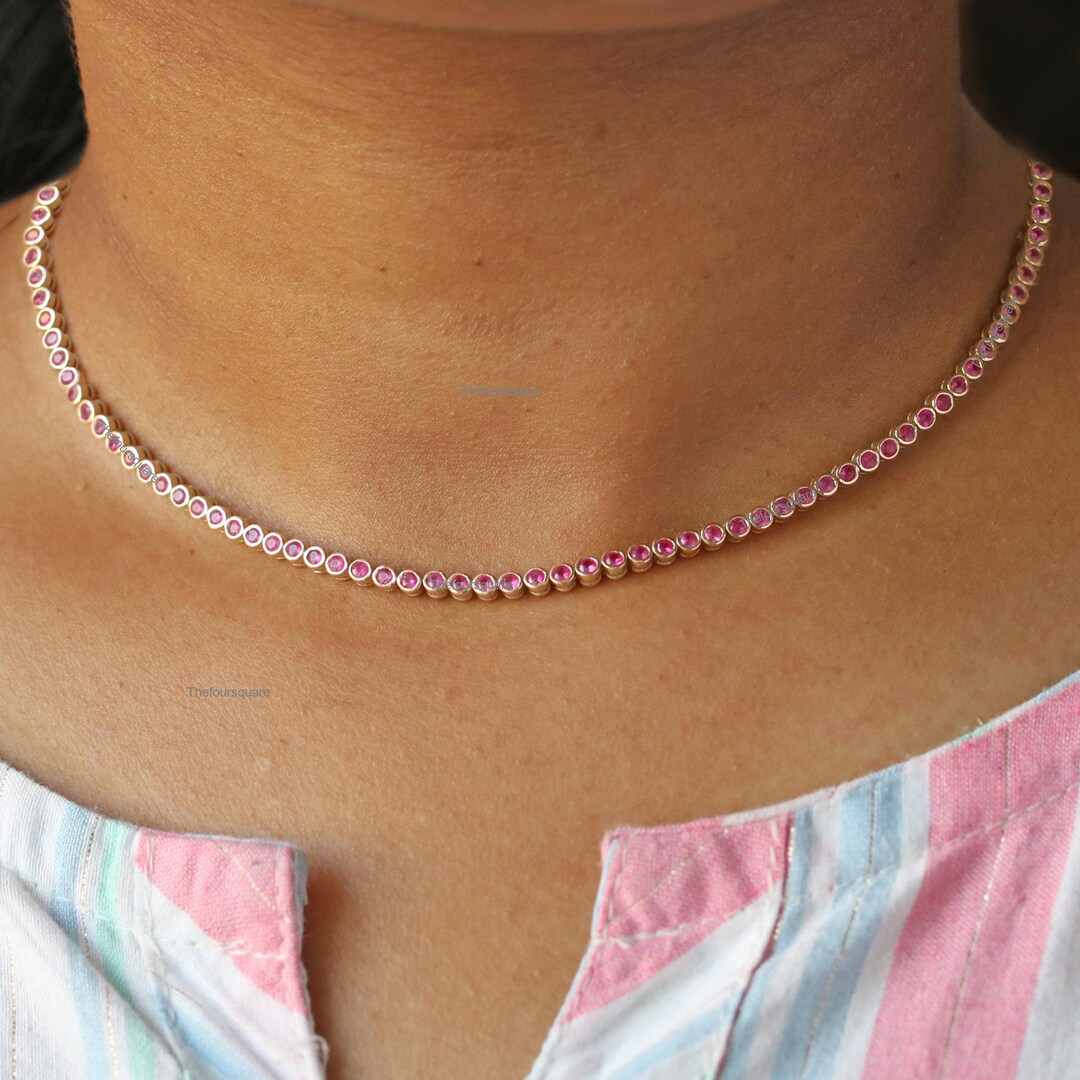 Pink Sapphire Tennis Necklace, Bezel Set Natural Pink