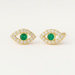 Genuine Zambian Emerald/ Ruby With Blue Sapphire Gemstone Amulet Studs/ 14k Gold Evil Eye Earrings/ Diamonds Protection Luck Jewelry