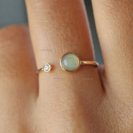 Ethiopian Opal Cuff Ring, 14k Gold Open Ring, Natural Diamond