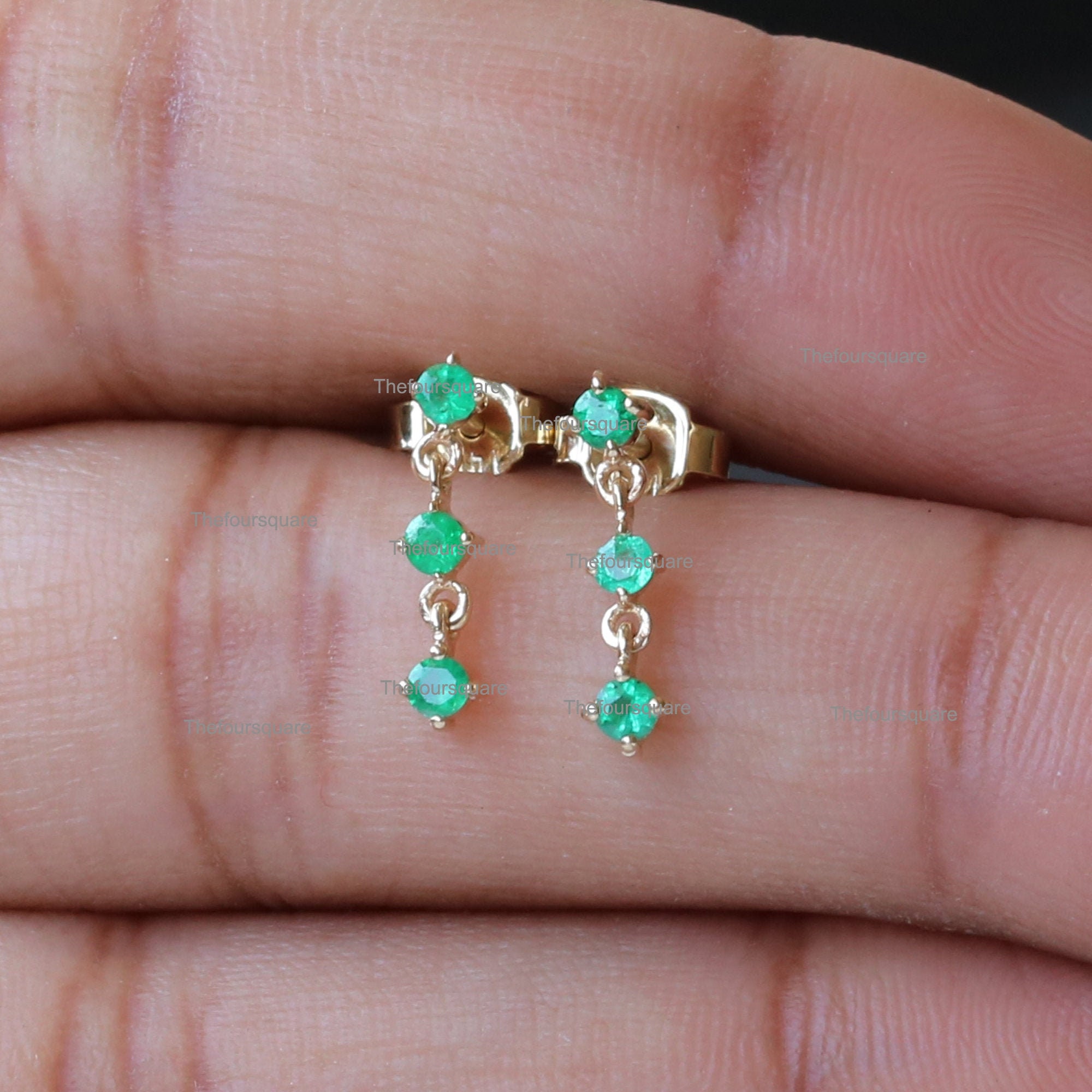 Emerald drop earrings, Three Drop Earrings, Dangle Drop Earrings, 14k Gold Natural Emerald Earrings, May Birthstone Earrings, Trio Earring