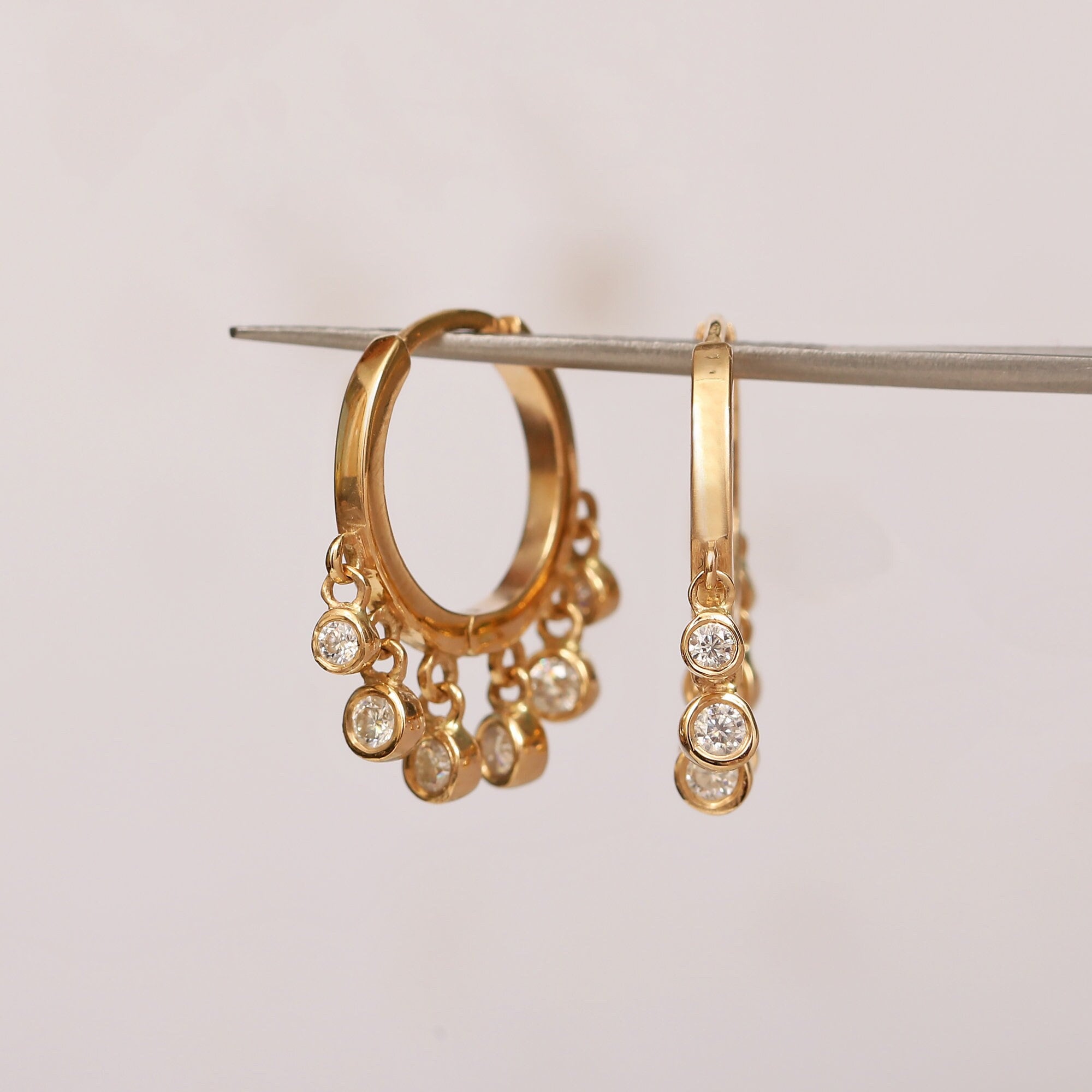 Solid 14k Yellow Gold Drop Hoops/ 0.30 Ct Natural Diamonds Bezel Set Dangling Drop Huggie Hoops/ Gift For Her Best Jewelry By TheFourSquare