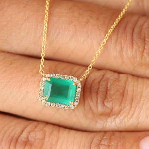 1 Ct IGI Certified Octagon Emerald Necklace in 14K Yellow Gold  With Natural Halo Diamond Pave Pendent Gift For Anniversary Jewelry