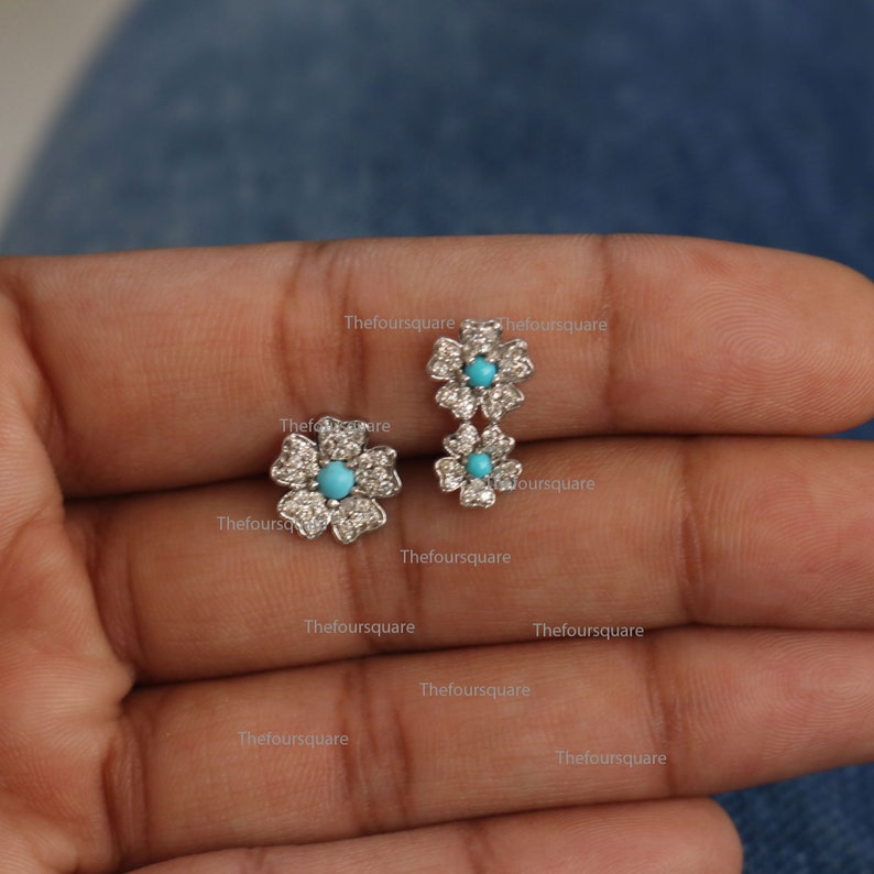 Christmas 14K Yellow Gold Floral Turquoise Dainty Earrings Her Gift for Wife Birthday Gift Studs Mom Natural SI 0.30ct Diamond Studs