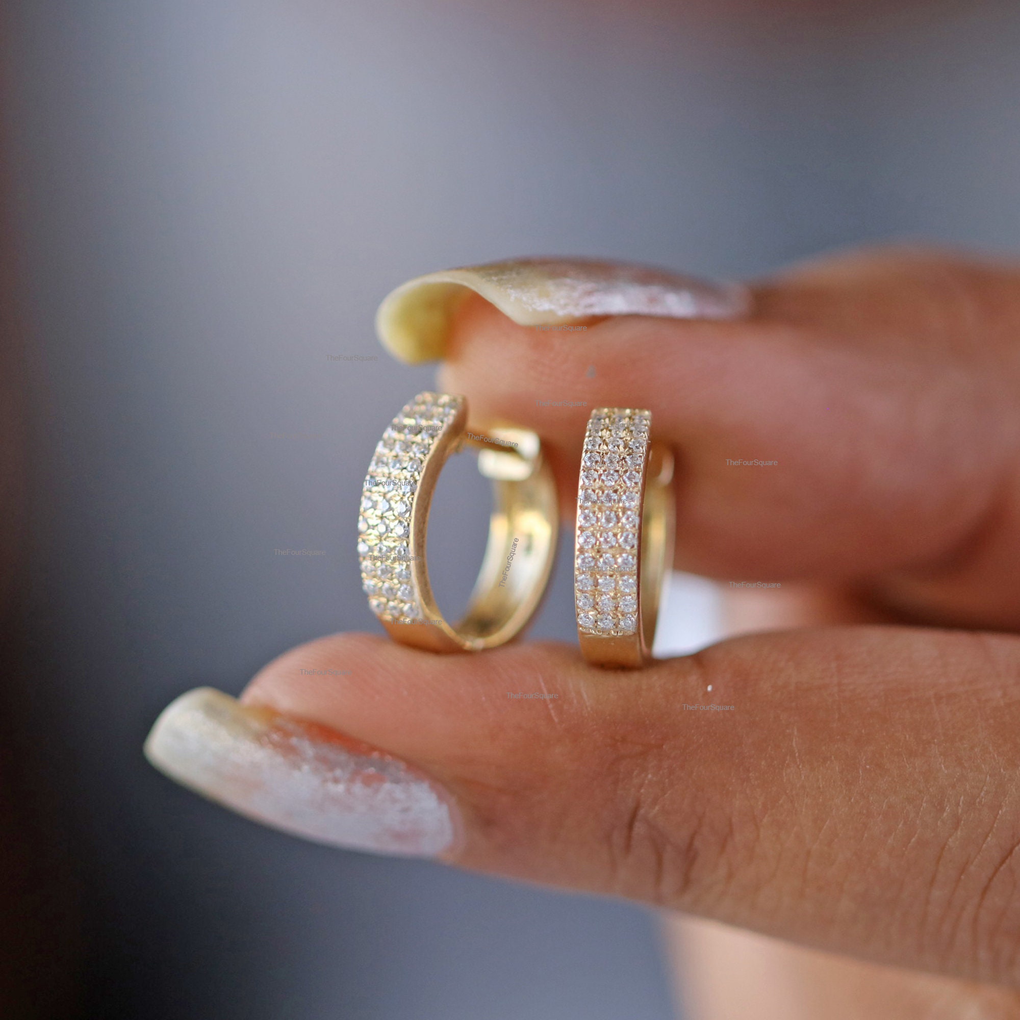 Solid 14k Yellow Gold 3 Row Hoops, Natural Diamonds Huggie Hoops ...