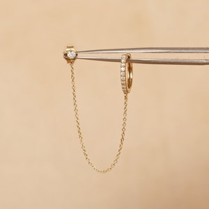Double Piercing Hoop Chain Earring, Natural Diamond Huggie Hoops, 14k Solid Gold Diamond Earring, Diamond Stud Chain Earring, Gift For Women