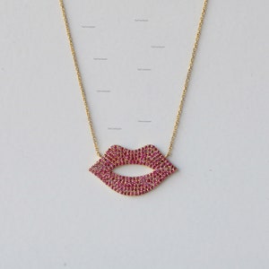 Solid 14k Yellow Gold Lips Pendant, Ruby Pendant, Gemstone Pendant, Delicate Chain Necklace, Ruby Micro Pave Pendant Necklace, Fine Jewelry