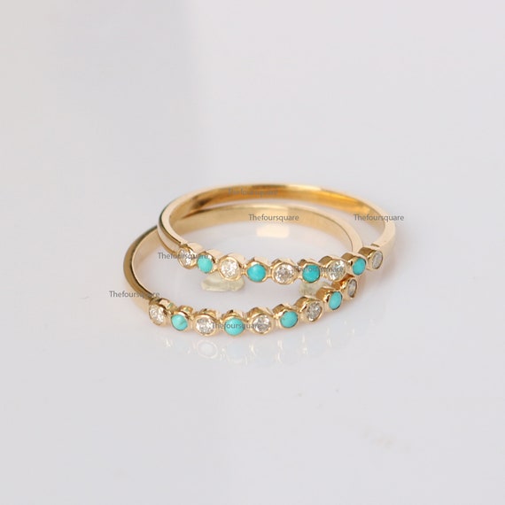 Turquoise with Diamond Half Eternity Wedding Ring 14k Solid | Etsy