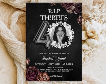 RIP jaren dertig 40e verjaardag foto-uitnodiging, bloemen dood aan mijn jeugd partij mobiele uitnodiging, begrafenis 40e verjaardag bewerkbare Evite, RIP 30s