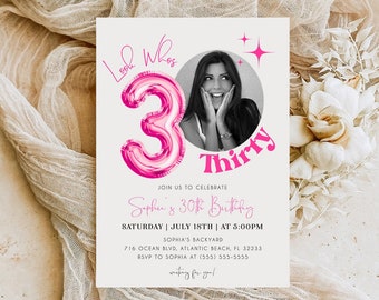 Faire-part 30e anniversaire rose pour elle, 30e anniversaire minimaliste, modifiable avec photo, invitation numérique pour fête d'anniversaire adulte, ballon rose