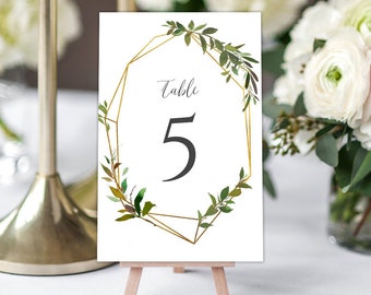 Greenery Table Numbers Template Printable Gold Geometric Greenery Wedding Table Number Botanical Wedding Table Number Card Download