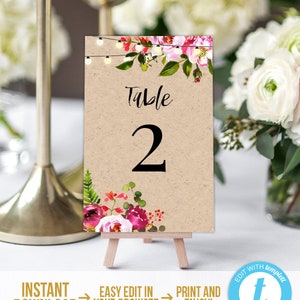 Rustikale florale Tischnummer Kartenvorlage bearbeitbare Kraft Tischnummer Boho Tischnummern druckbare rustikale Zahlen Karte Sofortiger Download