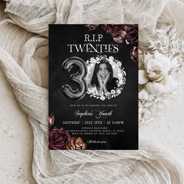 RIP Twenties 30th Birthday Photo Invitation, Floral Death to my Youth Party Mobile Invitation, Funeral 30th Birthday Editable Evite, RIP 20s