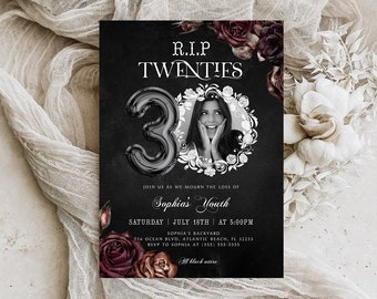 RIP Twenties 30th Birthday Photo Invitation, Floral Death to my Youth Party Mobile Invitation, Funeral 30th Birthday Editable Evite, RIP 20s