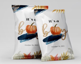 Pumpkin Boy Chip Bag Editable Fall Boy Baby Shower Chip Bags Wrapper Autumn Snacks Bag Template Printable Pumpkin Party Favor Bag YFAL01