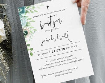 Dusty Blue Baptism Invitation Template Printable Floral Baptism Invitation Instant Download Sage Baptism Invite Christening Invite WY04