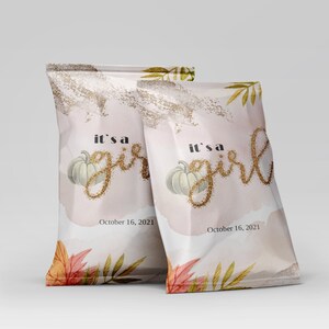 Editable Pumpkin Girl Chip Bag Fall Girl Baby Shower Chip Bags Wrapper Autumn Snacks Bag Template Printable Pumpkin Party Favors YFAL01
