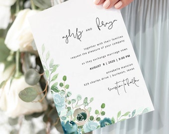 Dusty Blue Wedding Invitation Template Dusty Floral Wedding Invitation Instant Download Printable Blue Flower Wedding Invitation WY04