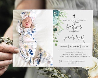 Dusty Blue Baptism Invitation with Photo Printable Baptism Invite Download Floral Baptism Invitation Template Sage Baptism Invite WY04