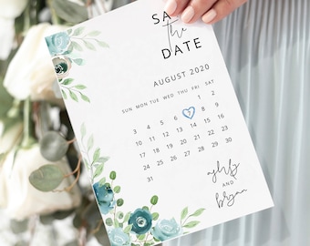 Dusty Blue Save the Date Template Printable Dusty Blue Calender Save the Date Card Editable Save Our Date Blue Floral Save Our Date WY04