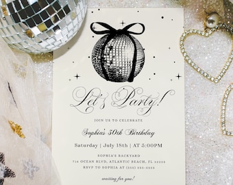 Whimsical Disco Ball Birthday Invitation ANY AGE | Disco Party Digital Invite | Hand Drawn Bow Editable Invite | Quirky Invitation Template
