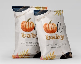 Editable Pumpkin Chip Bag Wrapper Fall Baby Shower Chip Bags Download Autumn Oh Baby Snacks Bag Template Pumpkin Party Favor Bag YFAL01