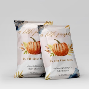 Editable Pumpkin Chip Bag Download Fall Baby Shower Chip Bags Wrapper Autumn Snacks Treat Bag Template Pumpkin Party Favor Bag YFAL01