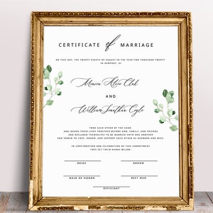 Greenery Heiratsurkunde Vorlage Greenery Hochzeitsurkunde Andenken Download druckbare Eukalyptus Heiratsurkunde WY01