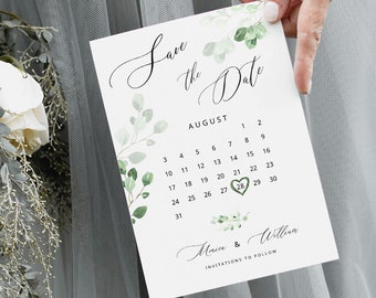 Greenery Save the Date Template Printable Greenery Calender Save the Date Card Editable Save Our Date Eucalyptus Save Our Date WY01