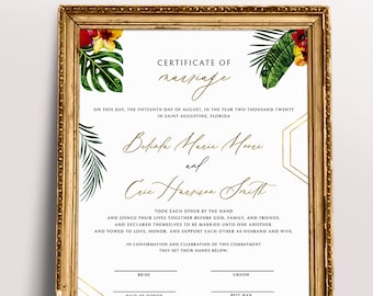 Tropical Marriage Certificate Template Hawaiian Wedding Certificate Keepsake Instant Download Printable Luau Certificate of Marriage WY05