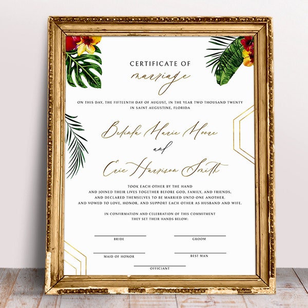 Tropical Marriage Certificate Template Hawaiian Wedding Certificate Keepsake Instant Download Printable Luau Certificate of Marriage WY05