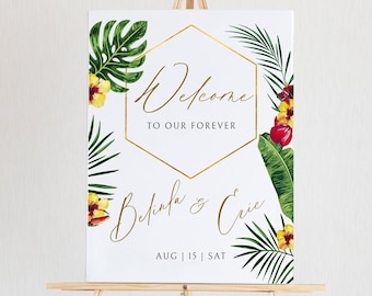 Tropical Welcome Sign Template Hawaiian Wedding Welcome Poster Download Printable Beach Wedding Sign Welcome To Our Wedding WY05