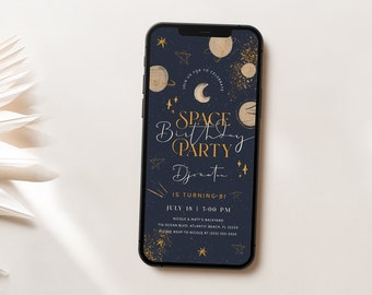 Space Birthday Electronic Invitation Phone Galaxy Planets Any Age Space Party Evite Outer Space Astronaut Digital Electronic Invite Editable