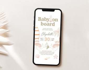 May include: A smartphone displaying a baby shower invitation with a beach theme. The invitation reads "Baby on board" and includes a surfboard, palm trees, and seashells. The date and time of the shower are listed as "Sun Jun 30 | 3:00 PM".