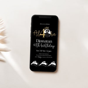Tropical 40th Birthday Electronic Invitation with Photo Black Gold Luau Summer Birthday Digital Aloha Party Evite Virtual Invite Template
