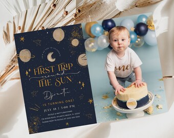 First Trip Around The Sun Birthday Invitation With Photo Space Baby Birthday Invite Little Astronaut 1st Birthday Printable Photo Invitation