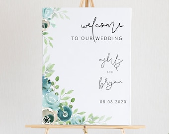 Dusty Blue Welcome Sign Template Floral Wedding Welcome Poster Download Printable Blue Flower Wedding Sign Welcome To Our Wedding WY04