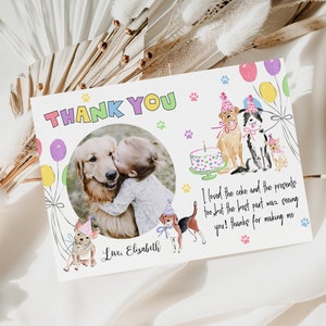 Tarjeta de agradecimiento de cumpleaños para perros con foto Tarjetas de felicitación personalizadas para mascotas Texto editable personalizado Tarjeta de agradecimiento Pawty Tarjetas de cumpleaños para perros y gatos