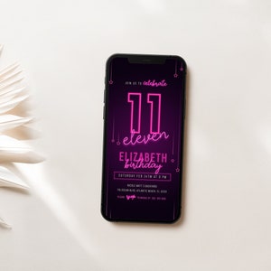 Pink Neon 11th Birthday Electronic Invitation Lets Glow Editable Digital Invitation Neon Girl Birthday Party Evite Instant Download Template