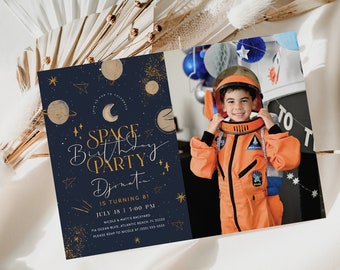 Space Birthday Invitation with Photo Editable Any Age Kids Outer Space Birthday Invite Galaxy Planets Printable Template Instant Download