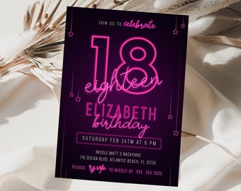 Pink Neon 18th Birthday Invitation Editable Neon Light Birthday Invite Eighteenth Girls Glow Bday Party Digital Printable Instant Download