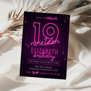 Pink Neon 19th Birthday Invitation Template Glow Party Invitation Instant Download Neon Purple Let&#39;s Glow Crazy 19 Birthday Invite Editable
