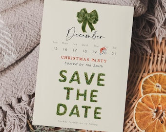 Christmas Save The Date Invitation | Digital Holiday Save The Dates Calendar | Bow Christmas Party & Brunch Friendsmas Editable Invite
