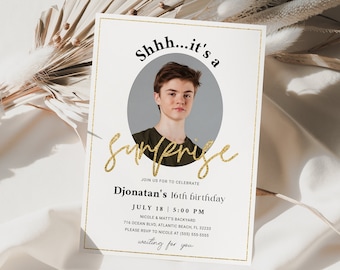 Surprise Birthday Invitation with Photo Any Age Shhh It's A Surprise Modern Birthday Printable Decor Adults or Teens Photo Invite Template