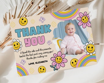 Happy Daisy Birthday Thank You Card with Photo Groovy Birthday Thank You Note Any Age Girls Bday Card Editable Daisy Party Favor Template