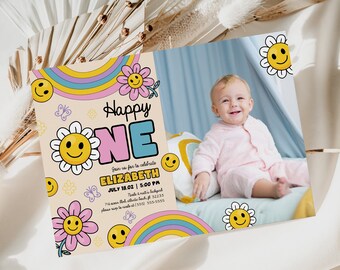 Happy Daisy First Birthday Invitation With Photo Happy One Party Invite Editable Template Groovy Flower 1st Birthday Invitation Printable