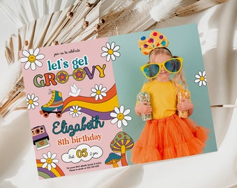 Groovy Birthday Invitation with Photo Boho Retro Flower Power 70's Girl Download Template Colorful Rainbow Any Age Kids Party Invite