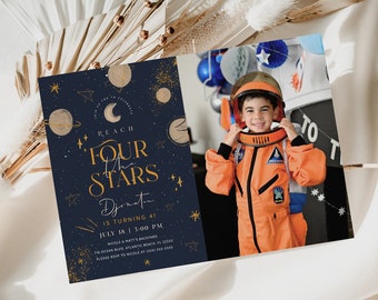 Reach Four The Stars Invitation with Photo Astronaut Galaxy Planets Outer Space Kids Party Invitation Printable Space Fourth Birthday Invite