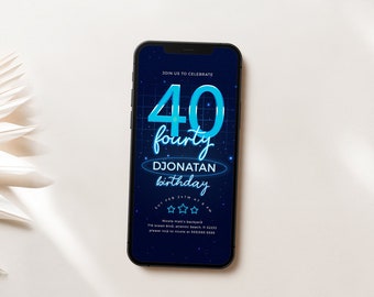 Blue Neon 40th Birthday Electronic Invitation Neon Glow Evite Instant Download Glow in The Dark Mens Fortieth Anniversary Digital Invite